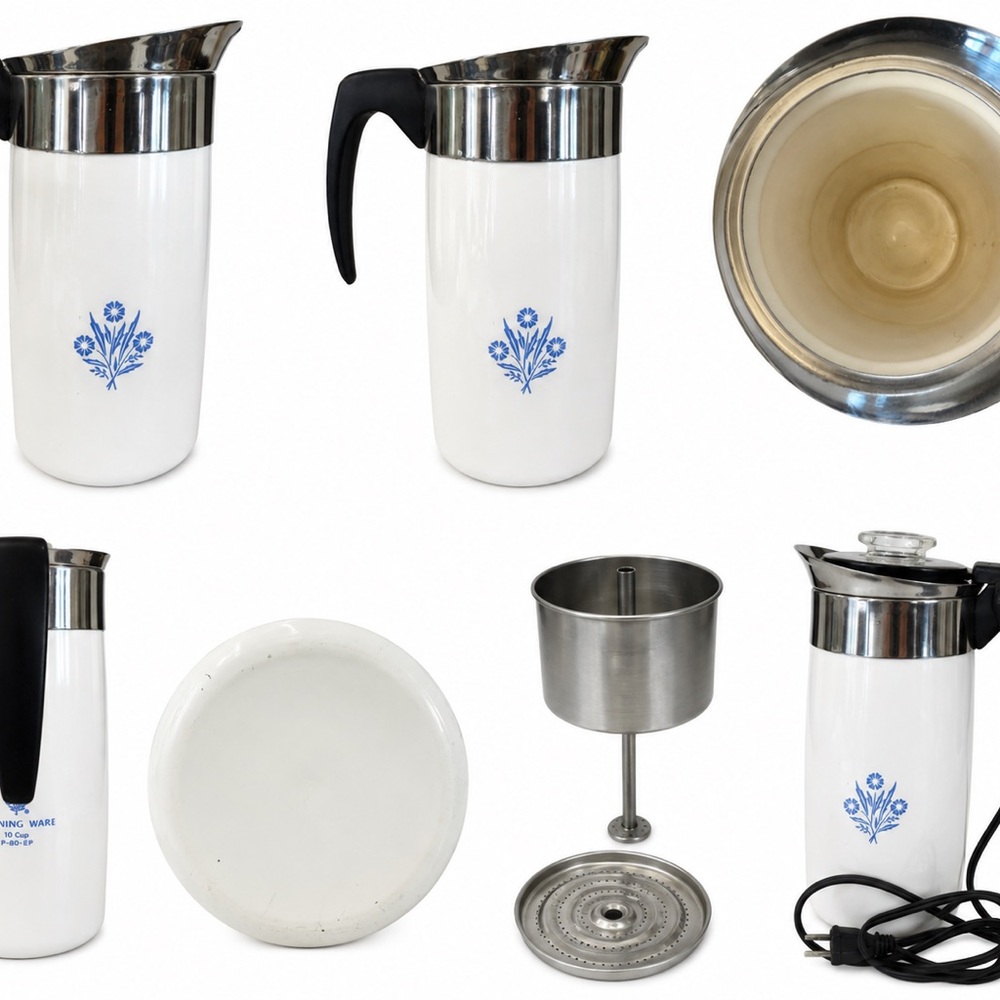Vintage Corningware 10 cup percolator. Complete with all components and plug in